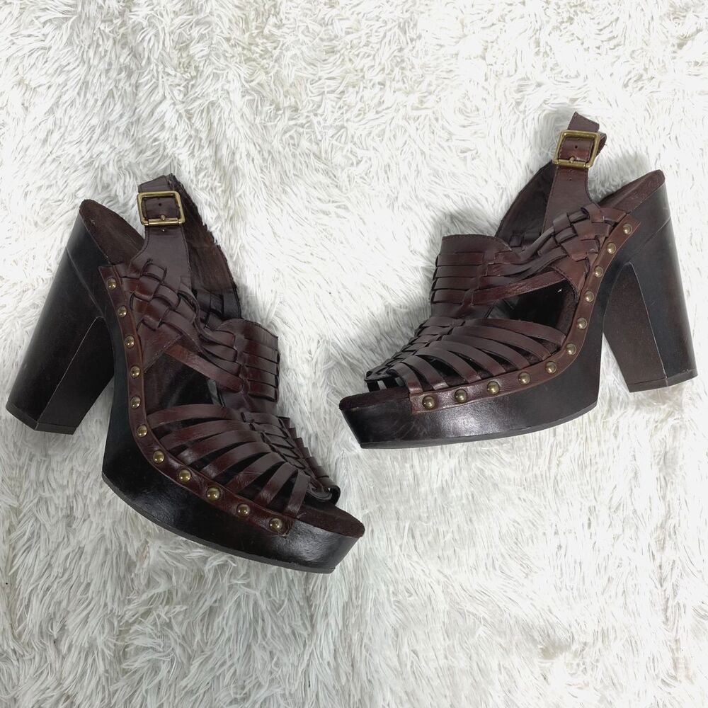 Zodiac Vintage Brown Leather Woven Platform Block Heels Approx 9